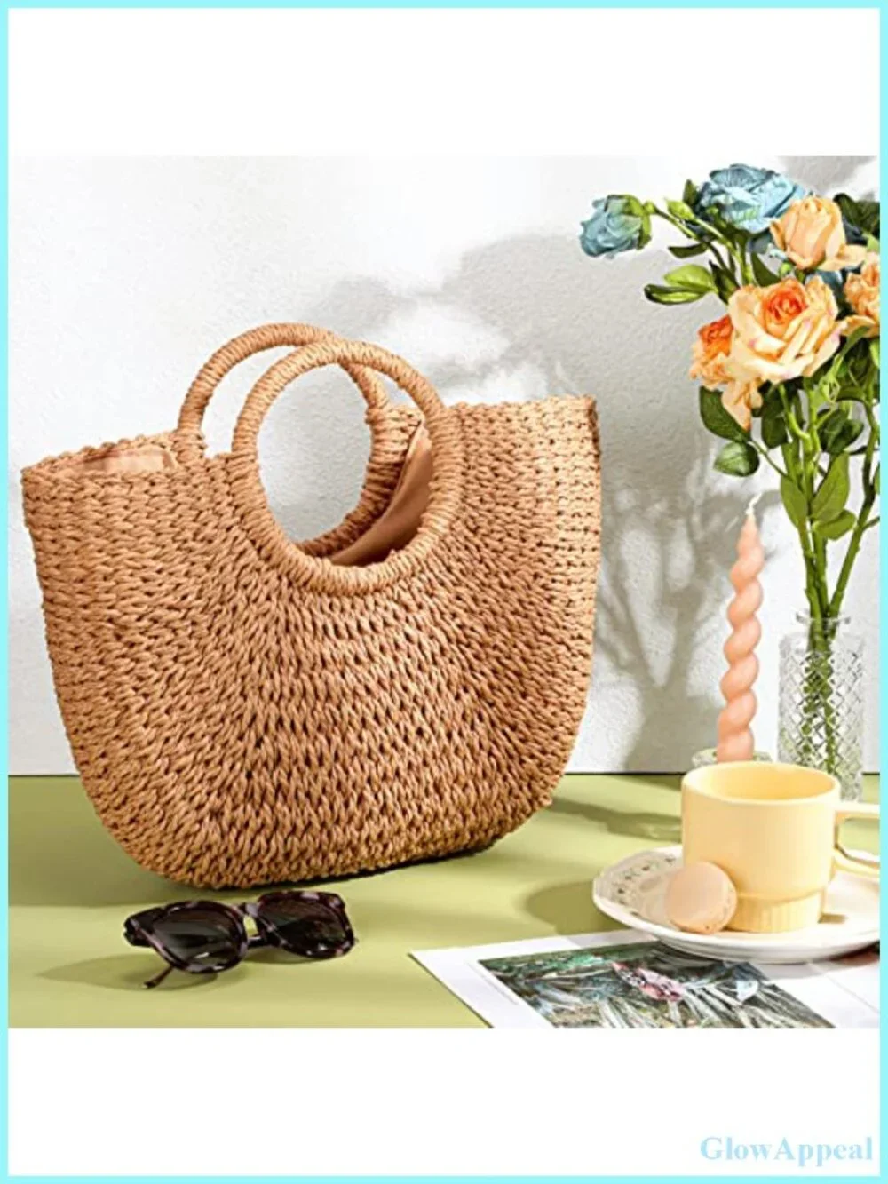 Handwoven Straw Tote Bag Beach Summer Rattan Woven Handbag Women Travel